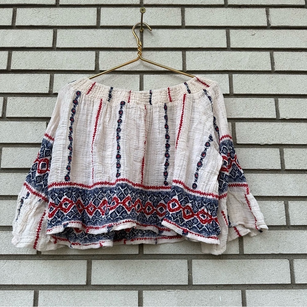 Anthropologie Raga Amalia Off Shoulder Cotton Gauze Peasant Top Ivory Blue Red M - Picture 8 of 11